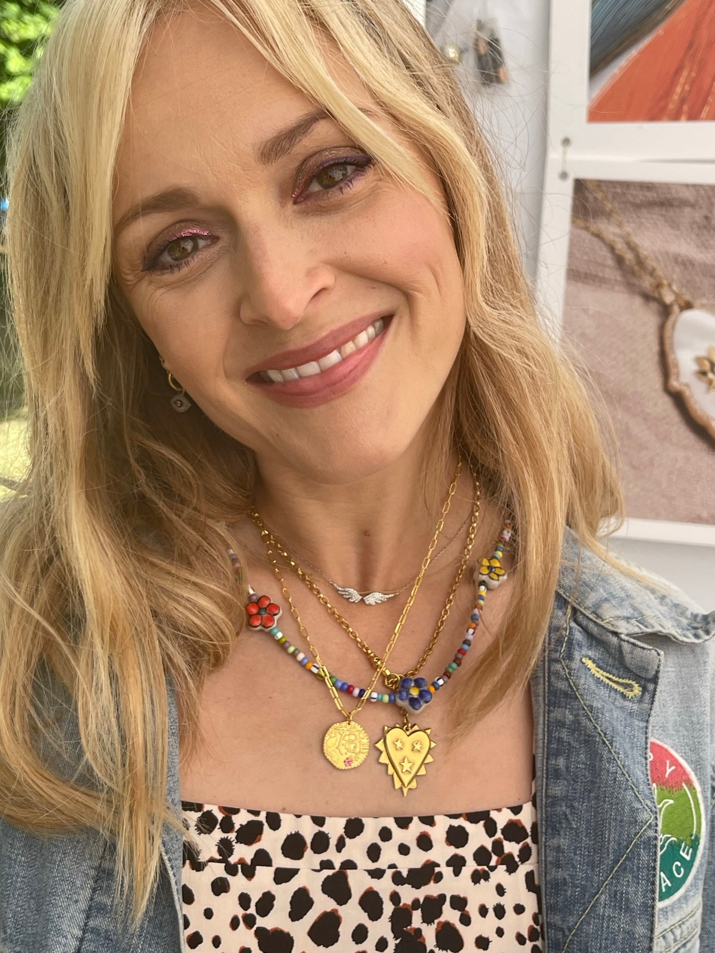 Fearne Cotton wearing her Sohavi Gratitude coin necklace , it's reversible and can be worn both ways in a stylish rectangular link chain.