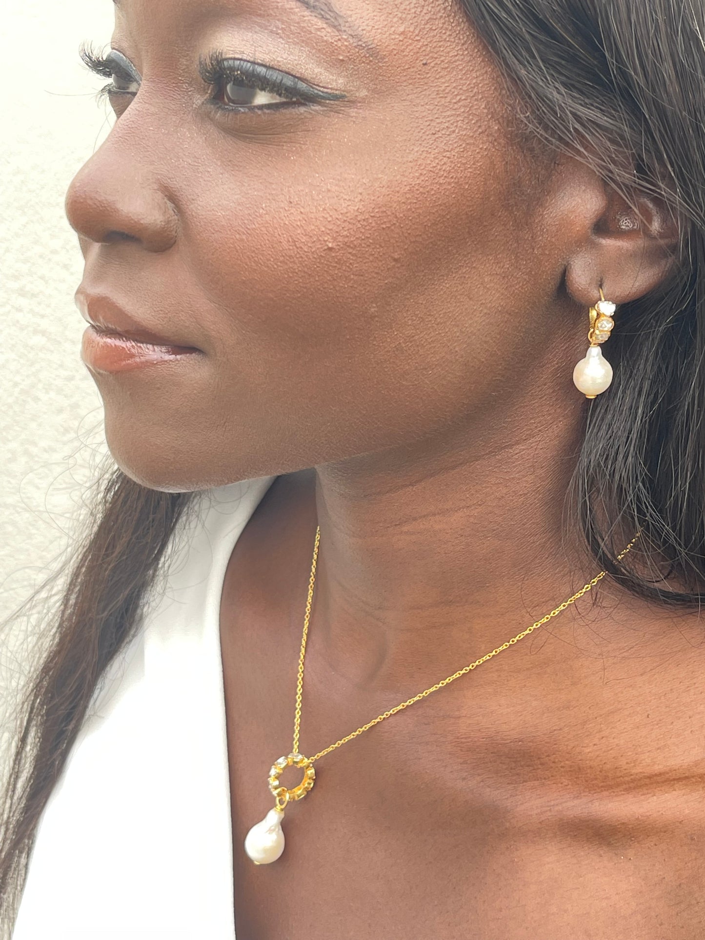 Raw diamond and baroque pearl earrings and necklace