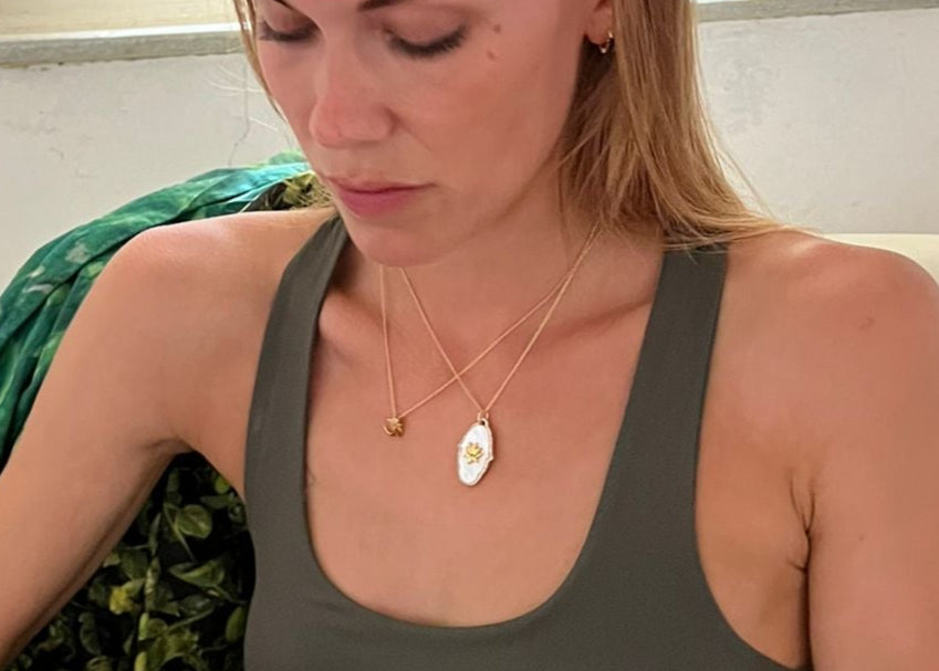 Sohavi Mother of pearl with sparkly cubic zirconia Lotus Hand & Om necklace sterling silver and 22Ct Gold Vermeil