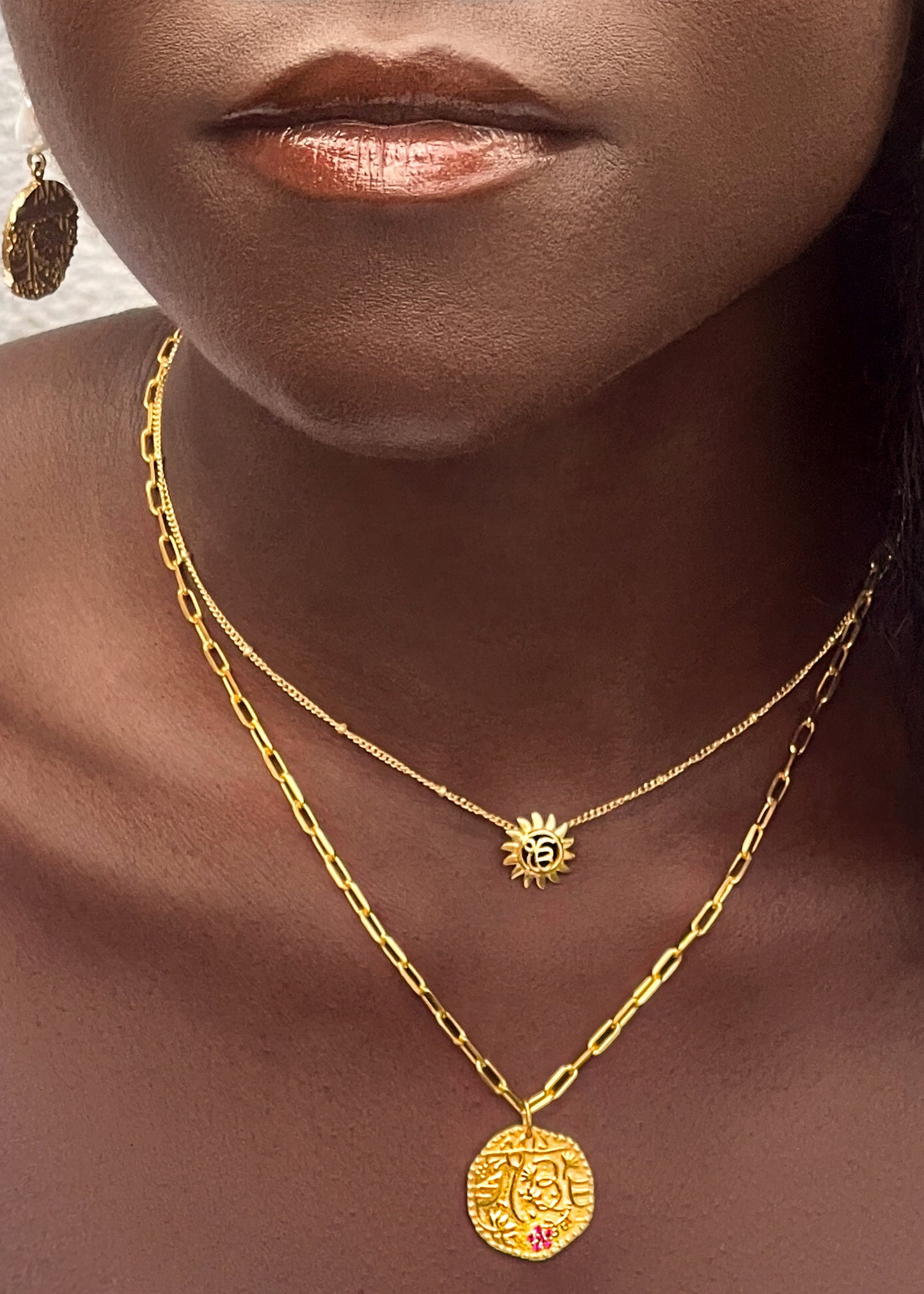 Gratitude coin necklace in the finest quality sterling silver with 22K gold vermeil styled with the Suraj necklace