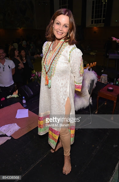 Belinda Carlisle wearing the Sohavi Divine Feminine gemstone bead necklace at the launch of her new mantra album Wilder Shores 
