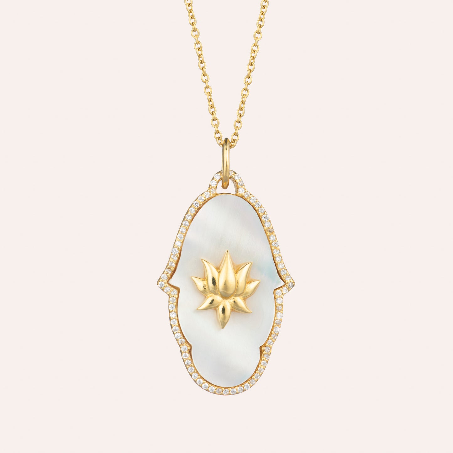 Sohavi Lotus hand Necklace with mother of pearl. cubic zirconia and lotus flower