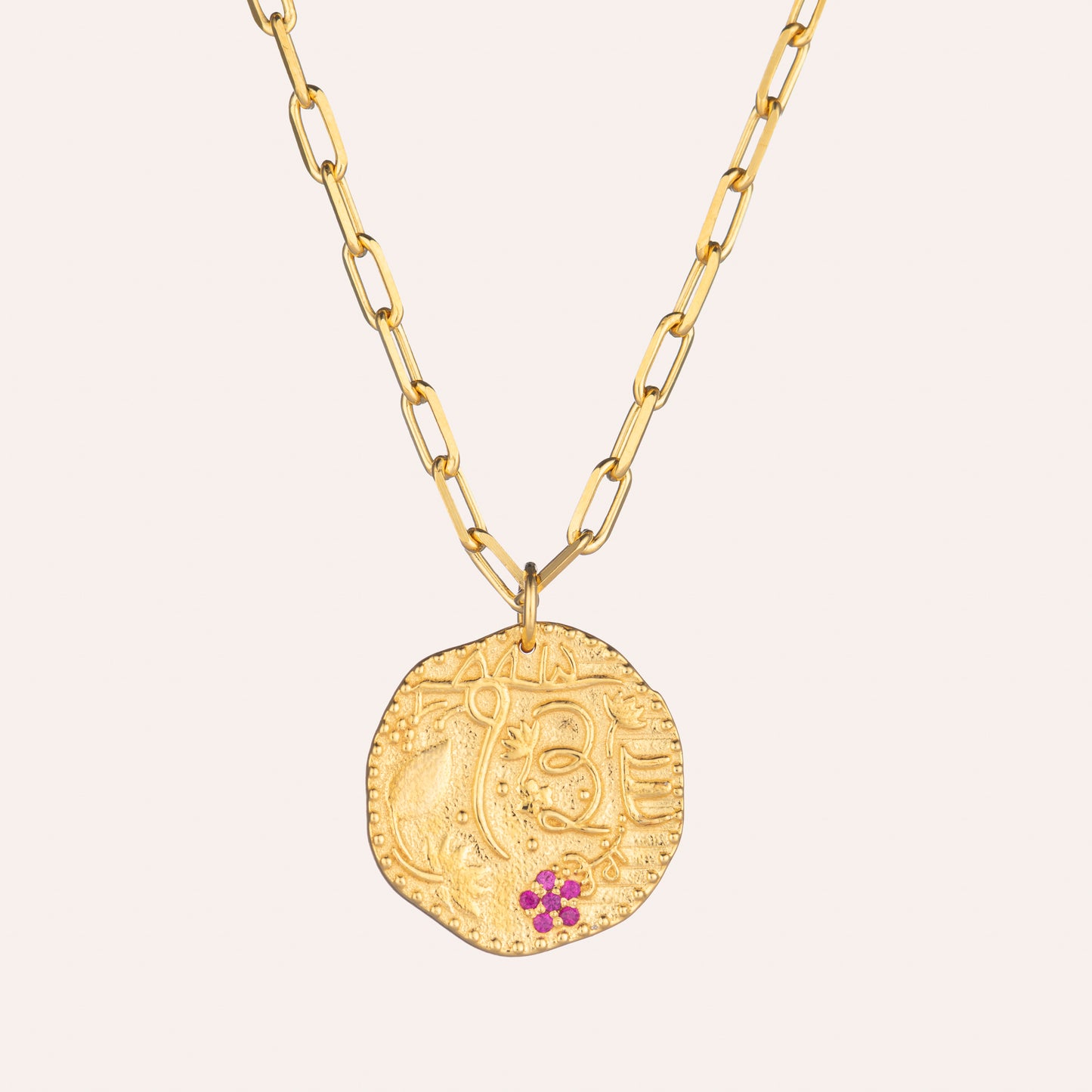 Gratitude coin necklace in 22K gold vermeil on sterling silver with ruby flower, 15th-century Indian design, reversible on adjustable link chain
