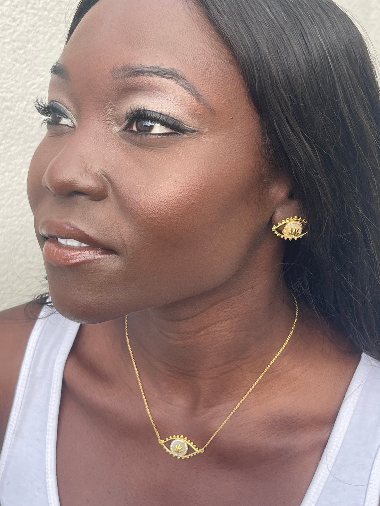 Lotus Eye necklace and earrings with mother of pearl and sparkly  cubic zirconia