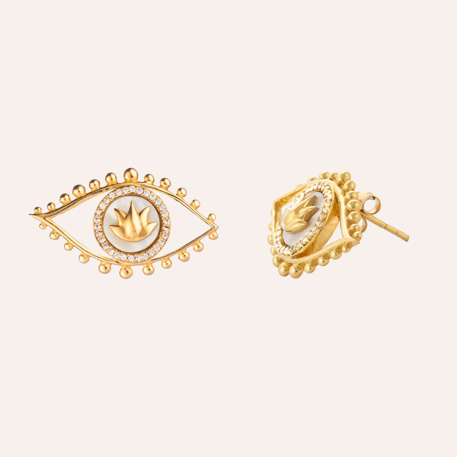 Lotus Eye earrings with mother of pearl and cubic zirconia have stud fastening 