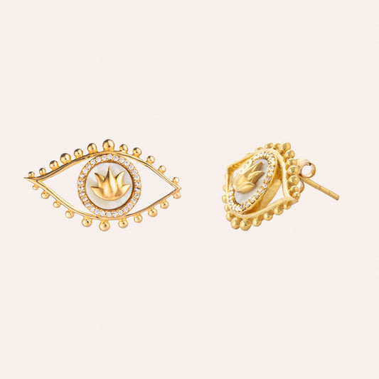 Lotus Eye earrings with mother of pearl and cubic zirconia have stud fastening