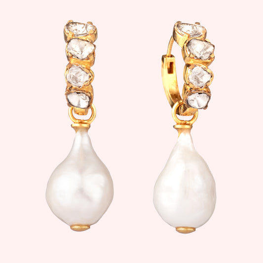 Polki Diamond and Baroque Pearl Earrings 22K Gold Vermeil