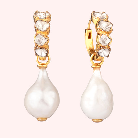22K gold vermeil polki diamond and baroque pearl earrings, 5 carat diamond earrings for men in platinum with bold luxury design