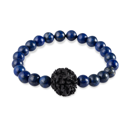Natural 8mm lapis lazuli stretch bracelet with hand dyed rudkraksha, one size.