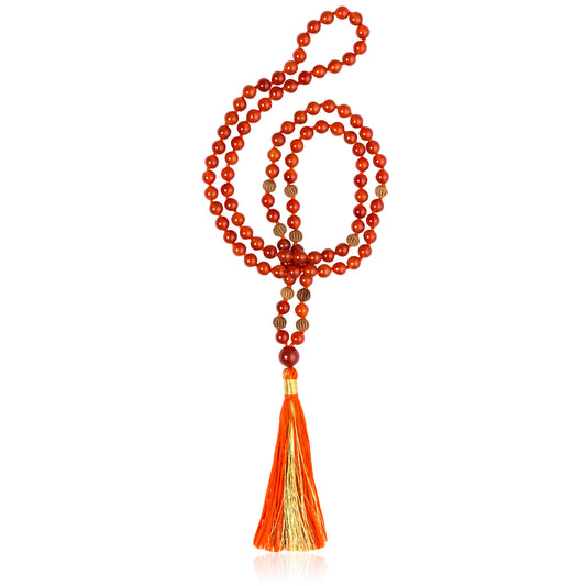 8mm natural carnelian gemstone Mala bead necklace with hand craved sandalwood has luxurious signature tassel with gold zari thread.