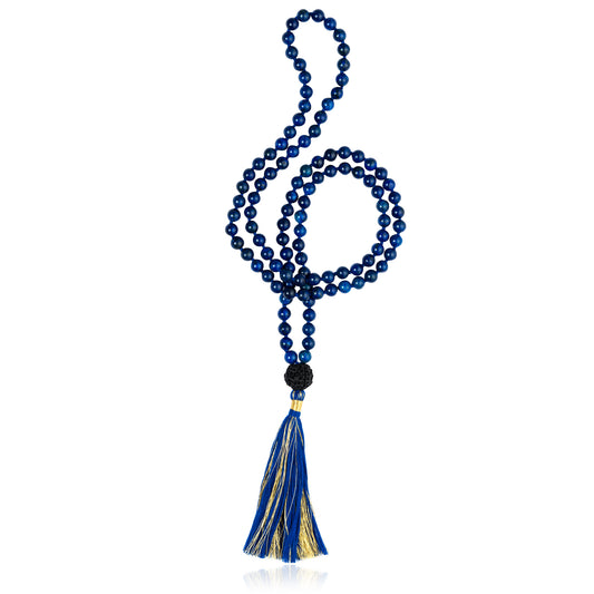 Natural 8mm lapis lazuli gemstone malabead necklace with luxurious Sohavi tassel has gold zari thread.