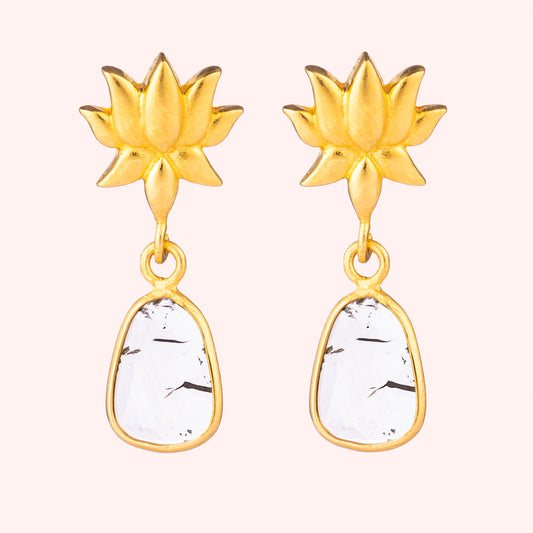 Beautiful slice of raw diamond drop earrings with lotus flower in sterling silver with 22K gold Vermeil.