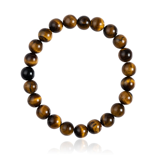 handmade Tiger Eye bracelet featuring polished 8mm round golden-brown gemstone beads on an elastic band.