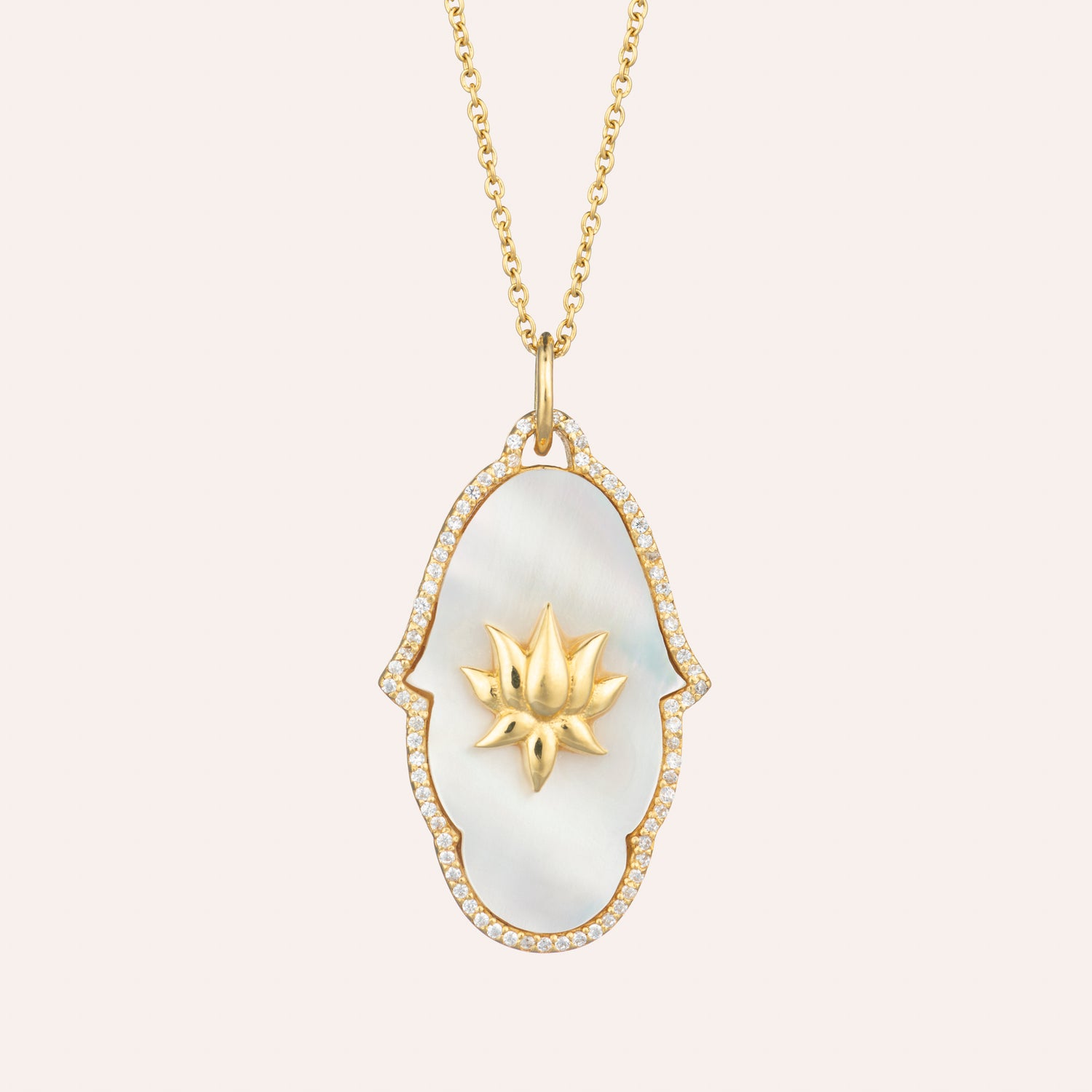 Sohavi Lotus hand Necklace with mother of pearl. cubic zirconia and lotus flower