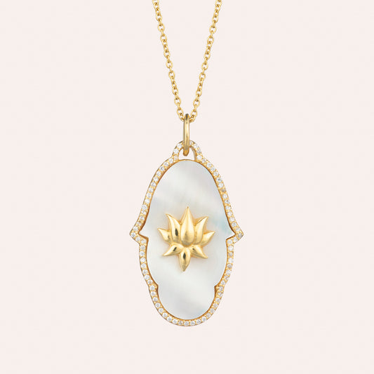 Sohavi Lotus hand Necklace with mother of pearl. cubic zirconia and lotus flower